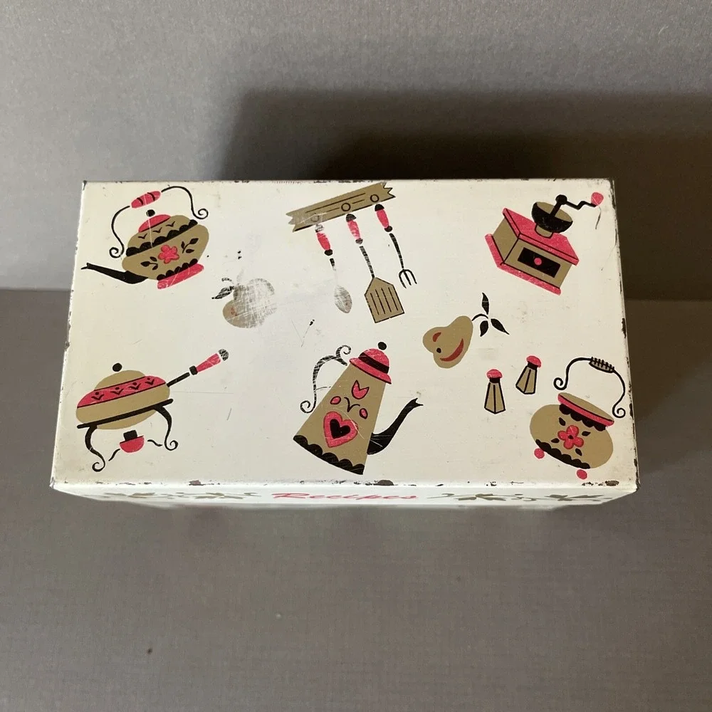 Vintage Metal Tin Recipe Box Midcentury Farmhouse Retro Kitchen Decor‎ Gold